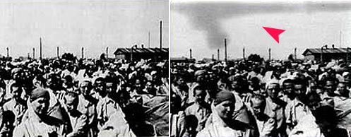 Снимката вдясно е посочена като веществено доказателство на процесите в Нюрнберг срещу елита на нацистка Германия. Вляво пък е оригинала, без излизащия пушек от комините, който трябва да символизира горящите хора. Снимката е от Аушвиц.