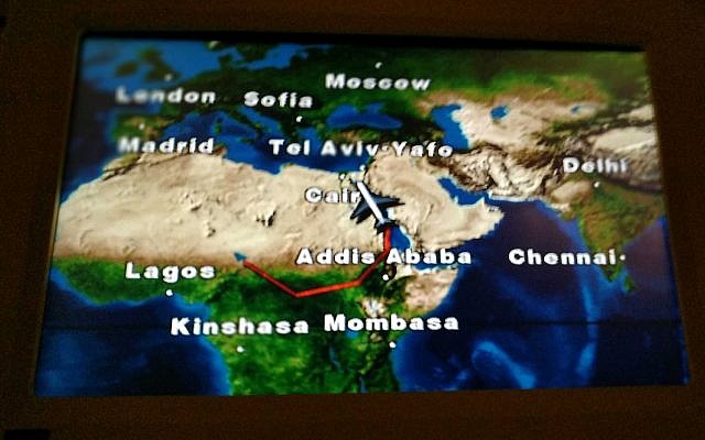 The flight path of Benjamin Netanyahu's plane over South Sudan en route from Chad to Israel, as seen on a screen inside Netanyahu's plane, January 20, 2019. (Rraphael Ahren)