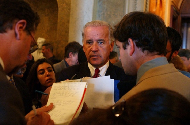 Sen. Joe Biden speaks to the press after Senate luncheons, October 1, 2002.