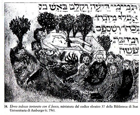 German Jew Tortured with Fire, miniature from Jewish Code 37 from the Hamburg State and University Library (c. 79r)