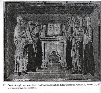 Oratory of German Jews with the "almemor", miniature from the Rothschild Miscellanea, Venice (?), 1475, Jerusalem, Bezalel Museum.