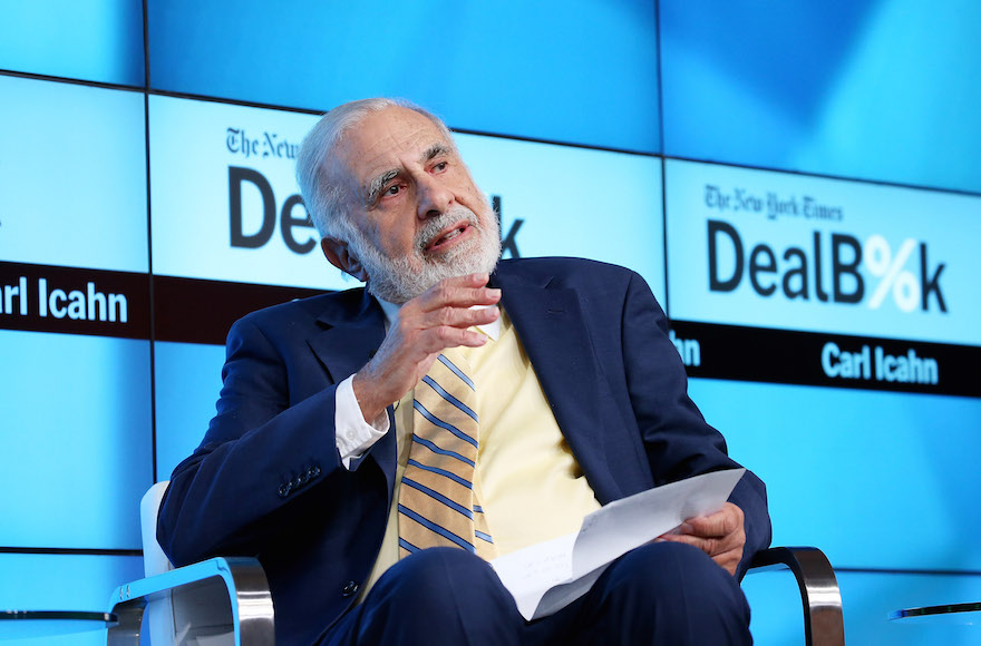 Carl Icahn participates in a panel discussion at a New York Times conference in New York City on November 3, 2015. (Neilson Barnard/Getty Images for New York Times via JTA)