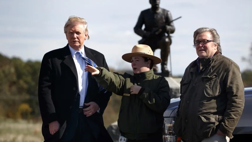 Steve Bannon, right, with Donald Trump in Gettysburg, Pa, during the presidential election campaign, October 2016.