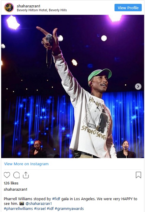 Pharrell Williams performing at the Friends of the IDF (FIDF) Gala in Los Angeles 2018, pic from Instagram.